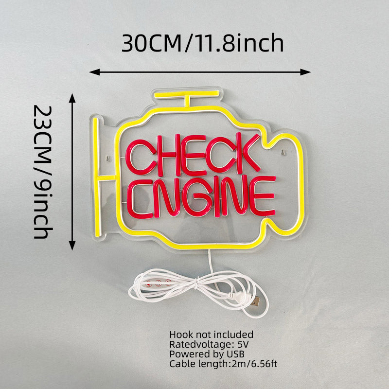 "Check Engine" Style Neon Sign – USB Powered LED Light Sign, Customizable Garage, Game Room & Home Party Decorative Neon Lamp