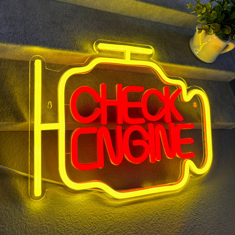 "Check Engine" Style Neon Sign – USB Powered LED Light Sign, Customizable Garage, Game Room & Home Party Decorative Neon Lamp
