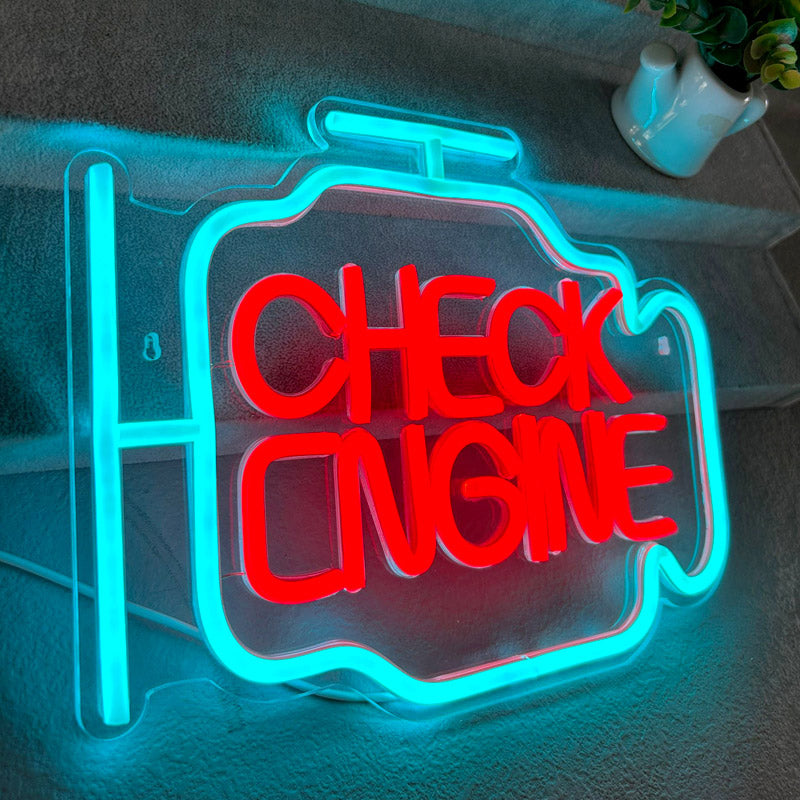 "Check Engine" Style Neon Sign – USB Powered LED Light Sign, Customizable Garage, Game Room & Home Party Decorative Neon Lamp