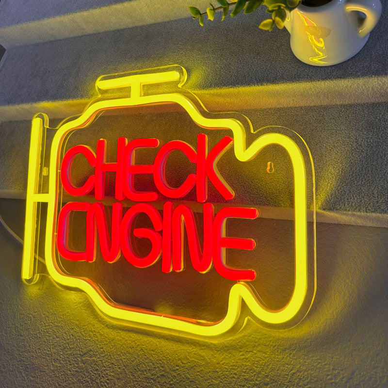 "Check Engine" Style Neon Sign – USB Powered LED Light Sign, Customizable Garage, Game Room & Home Party Decorative Neon Lamp